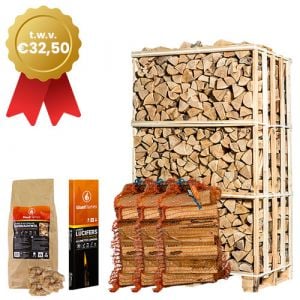 Pallet haardhout naar keuze + gratis aanmaakpakket t.w.v. €32,50